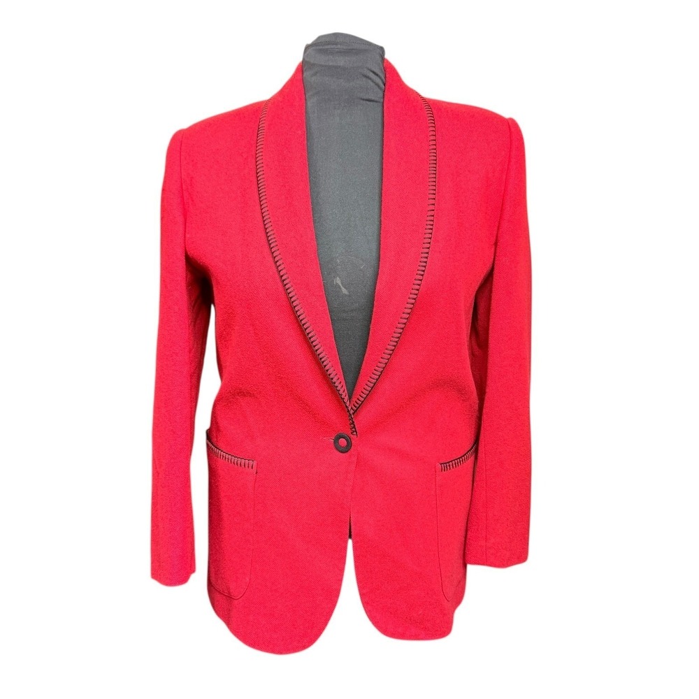 Vintage Red Wool Blazer Jacket Shawl Collar Stitch‎ Detail Single Button Women